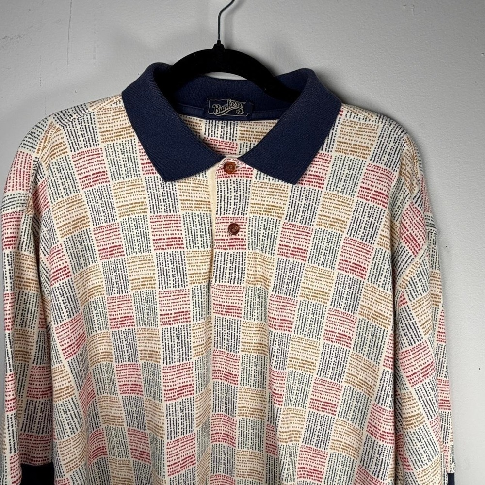 Bunkers Vintage Mens Large Geometric Dot Grid Polo Shirt Cream Navy Red Cotton - Picture 2 of 8